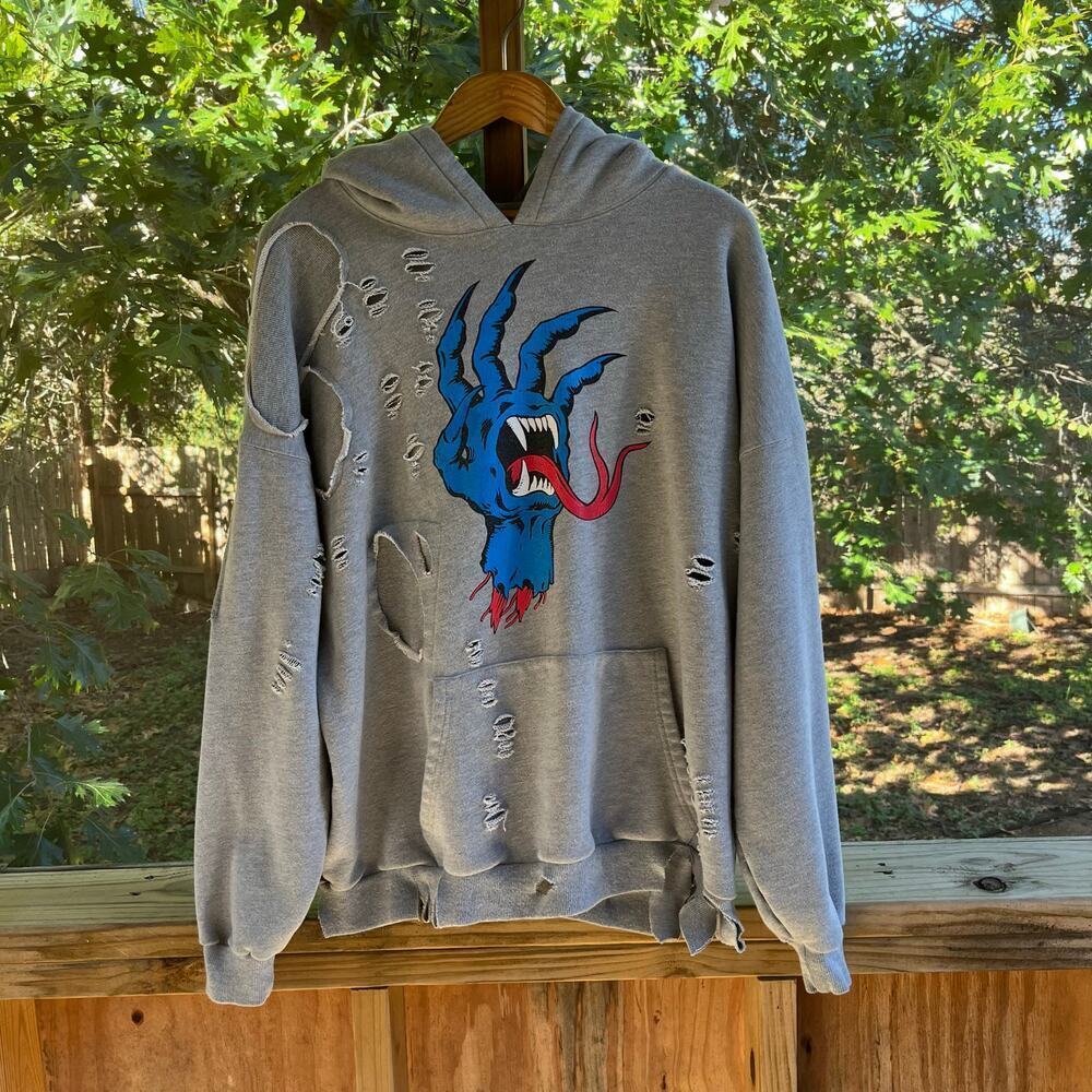 Ben Taverniti Unravel Project Men's Graphic Destroyed Hoodie Grey Size S